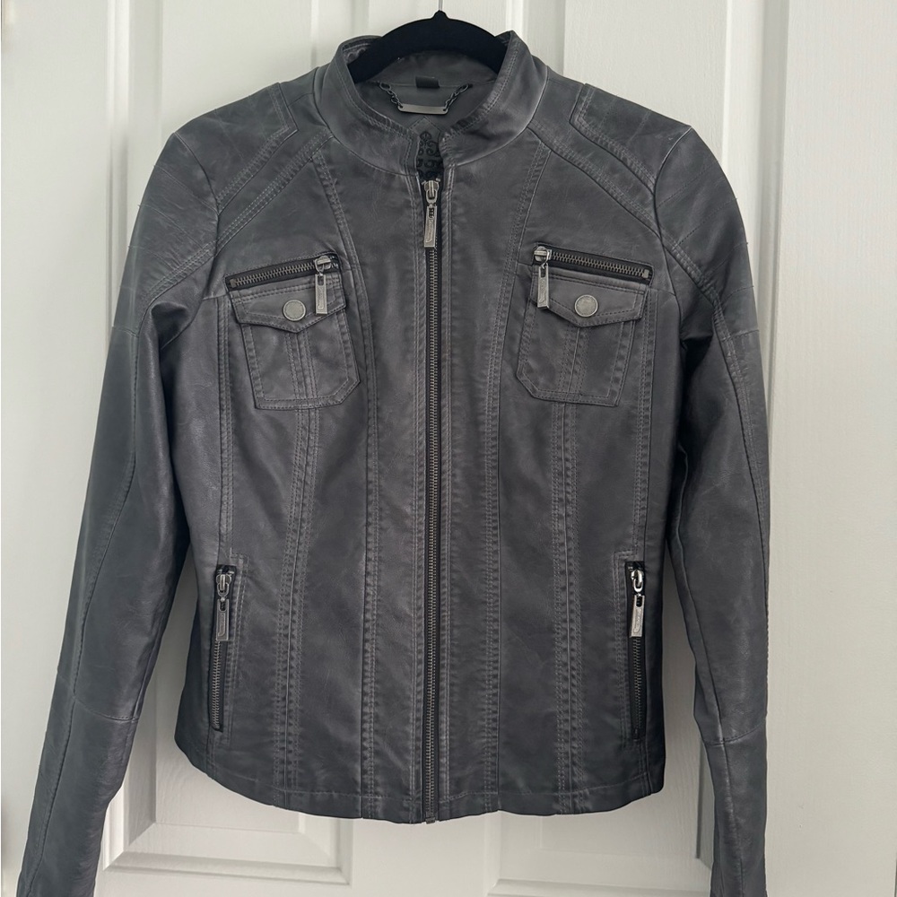 Jou Jou Grey Leather Motorcycle Full Zip Lined Faux Fur Jacket